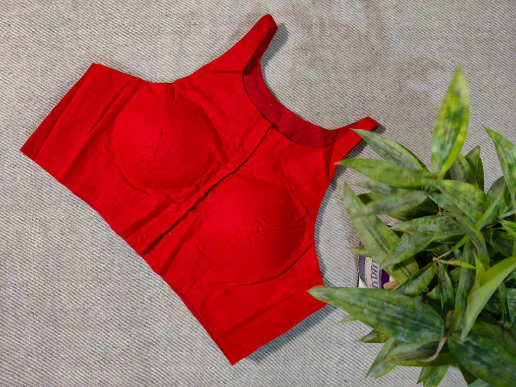 Red Cotton Jamdani Razor-Cut Blouse with Hand Embroidery