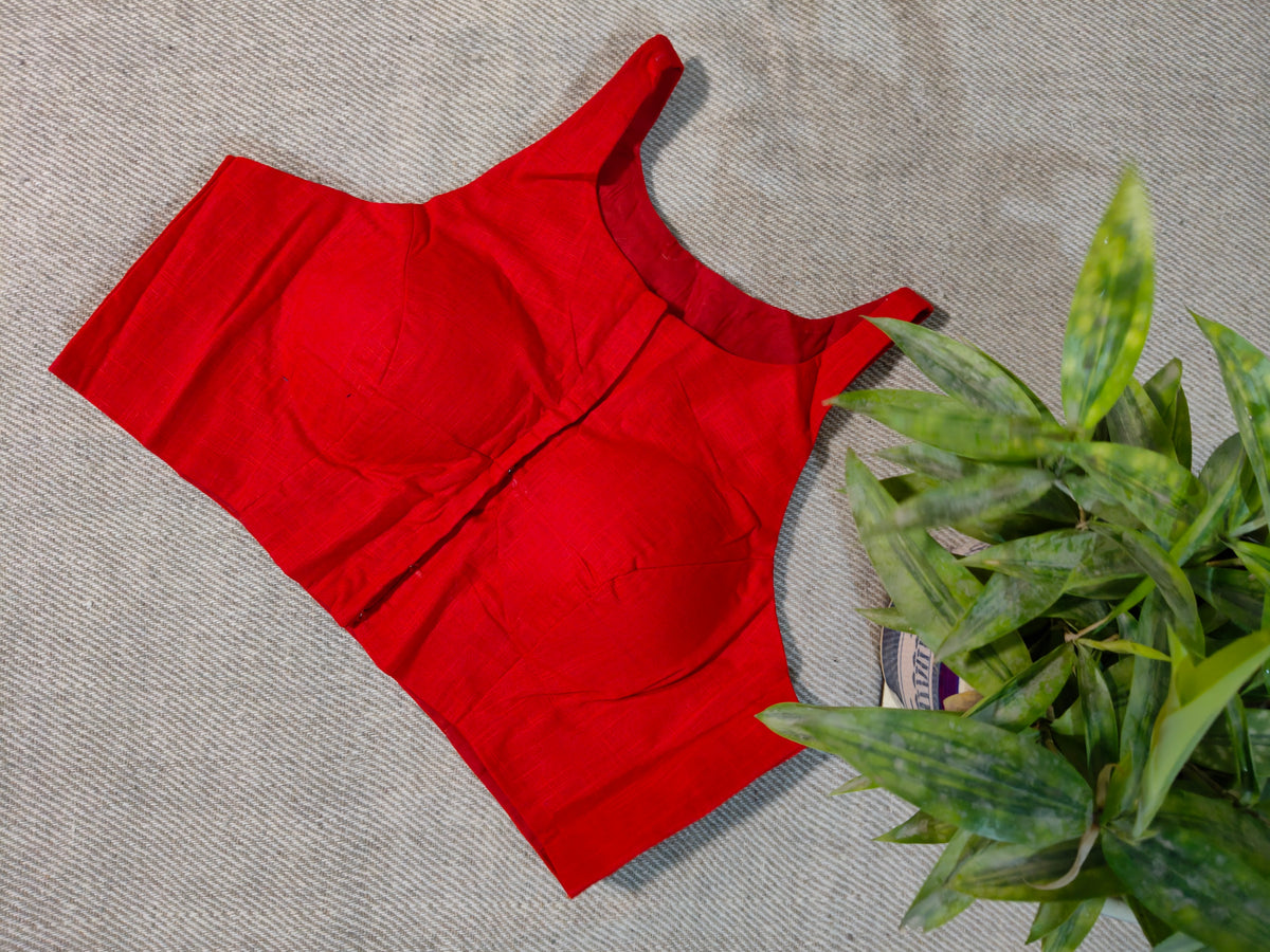 Red Cotton Jamdani Razor-Cut Blouse with Hand Embroidery