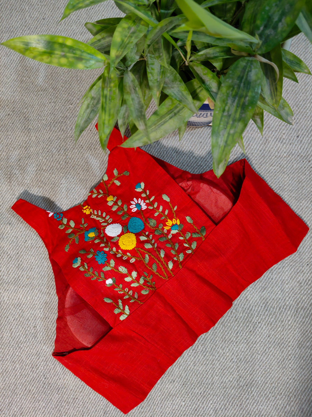 Red Cotton Jamdani Razor-Cut Blouse with Hand Embroidery
