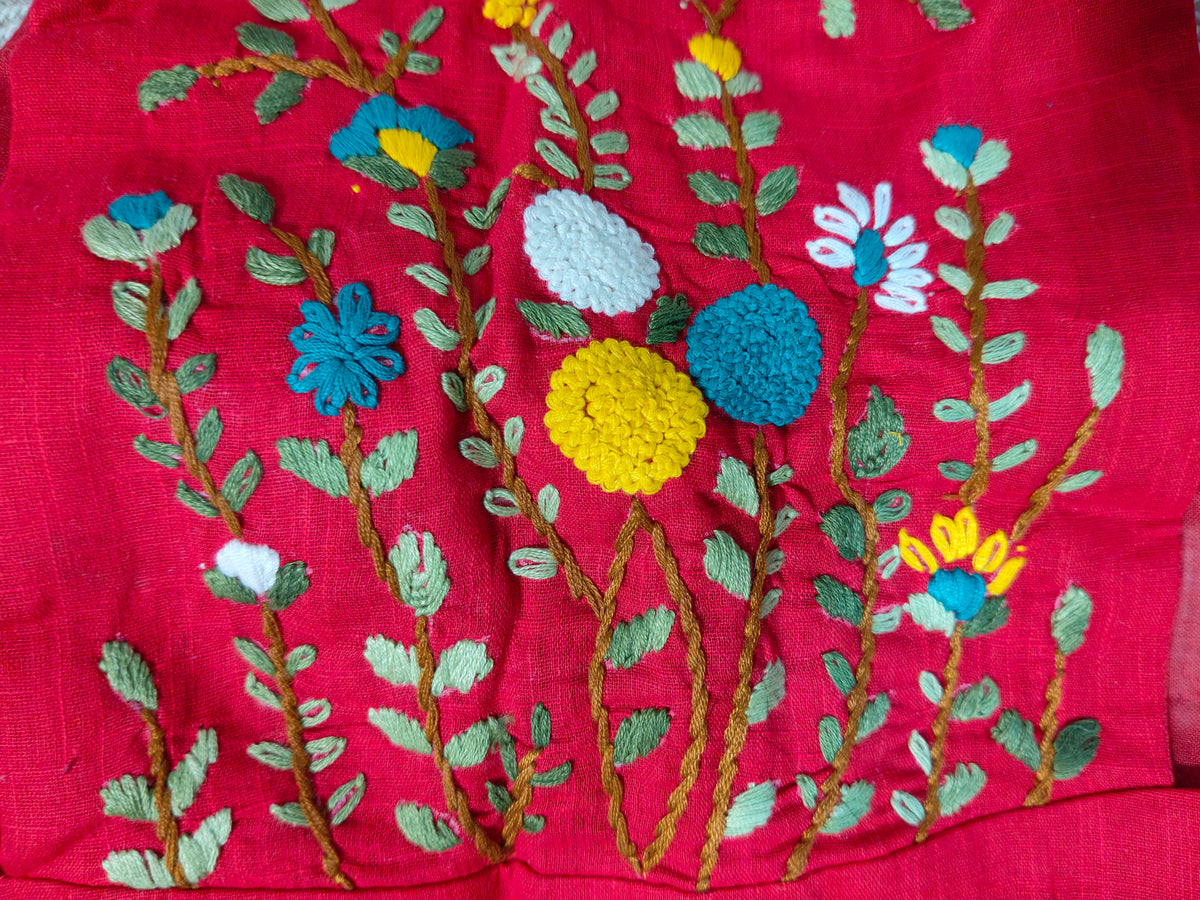 Red Cotton Jamdani Razor-Cut Blouse with Hand Embroidery