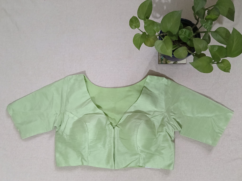 Fluorescent Green Raw Silk V-Neck Blouse with Sleeves