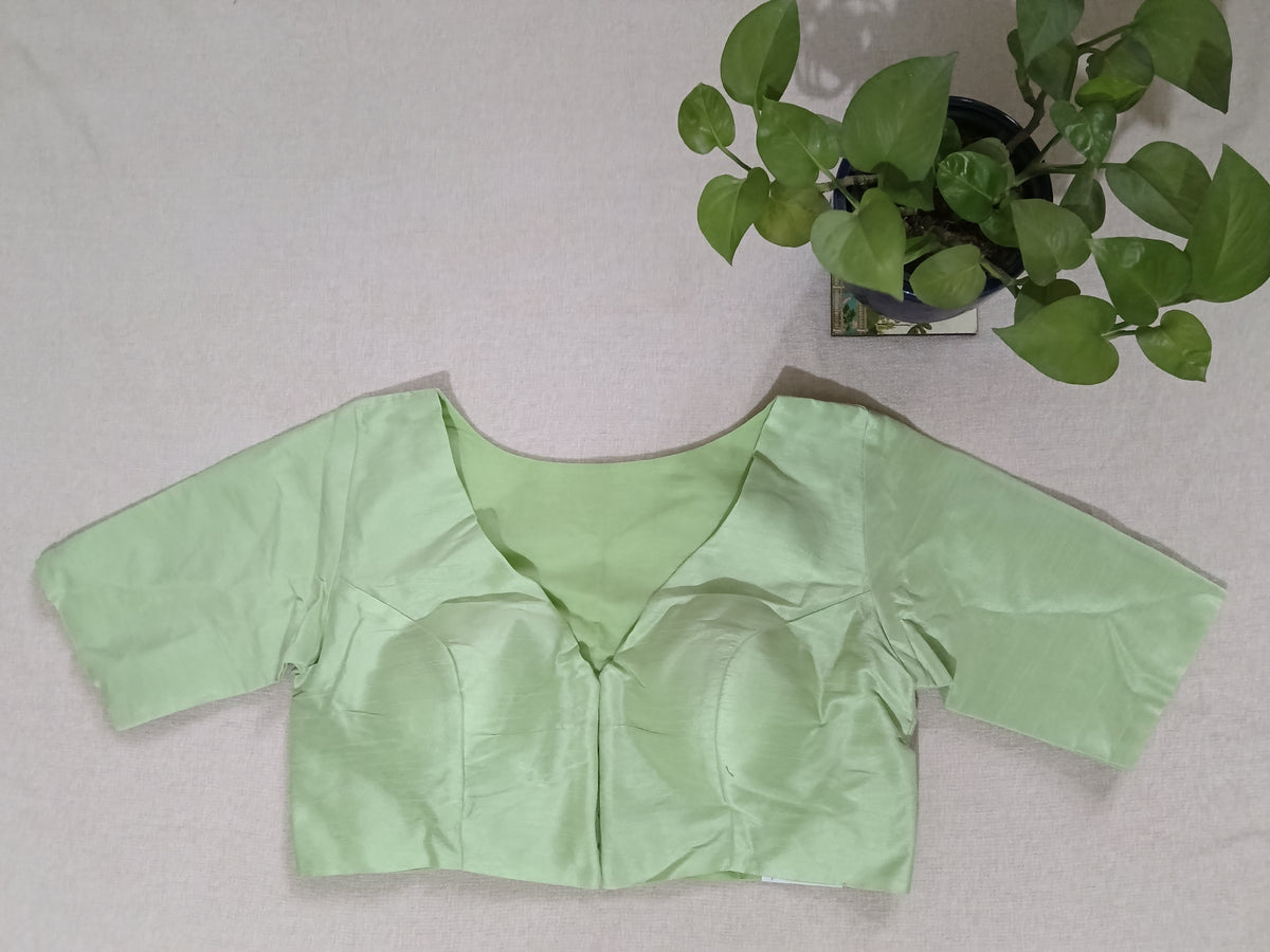 Fluorescent Green Raw Silk V-Neck Blouse with Sleeves