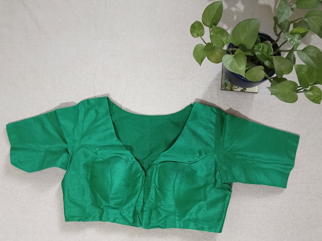 Emerald Green Raw Silk Padded Short-Sleeve Blouse
