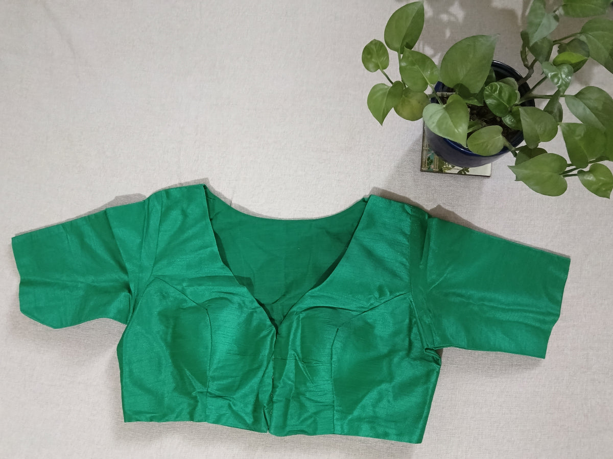 Emerald Green Raw Silk Padded Short-Sleeve Blouse