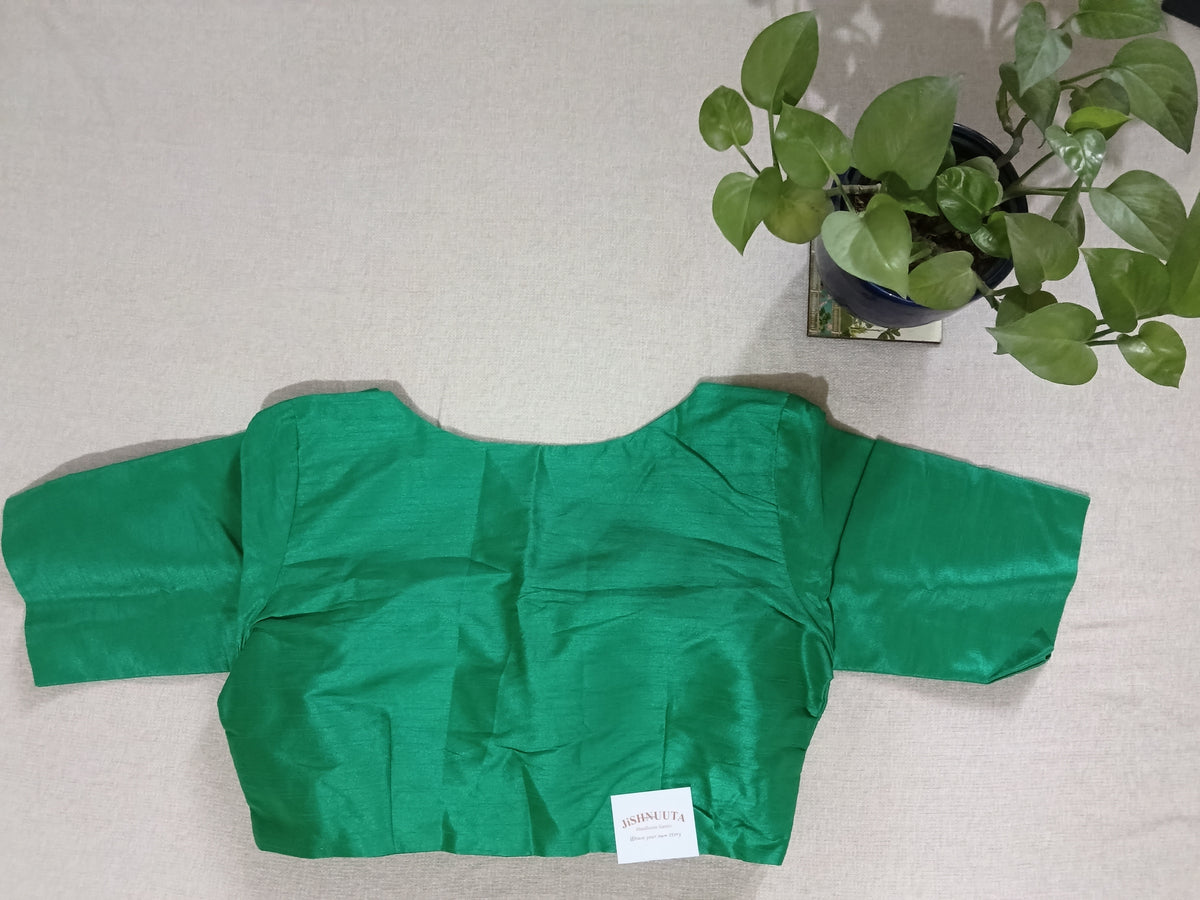 Emerald Green Raw Silk Padded Short-Sleeve Blouse