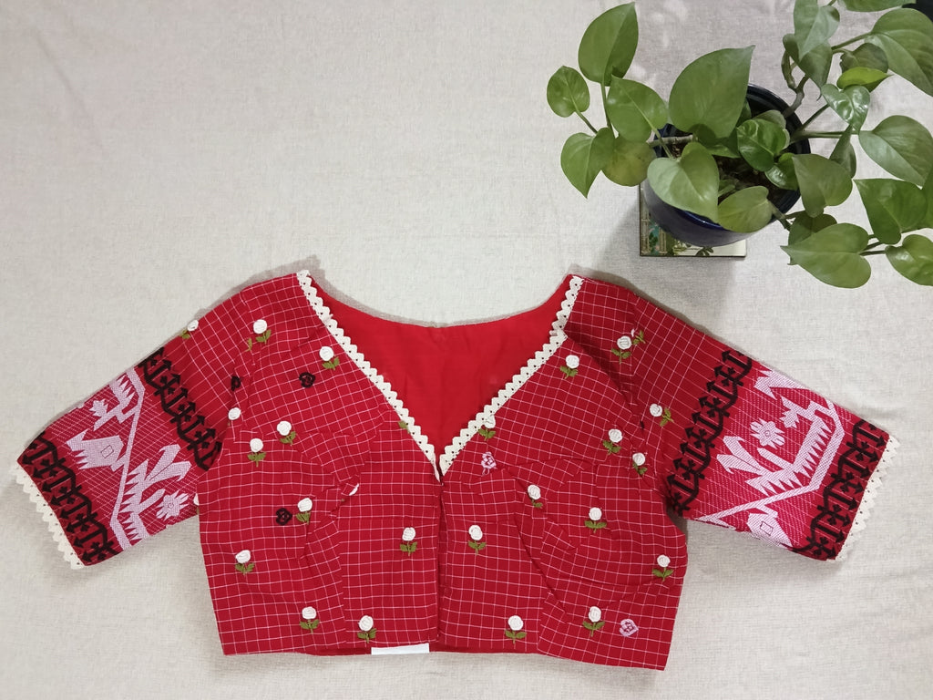 Red Jamdani Blouse with Sleeves & French Knot Embroidery