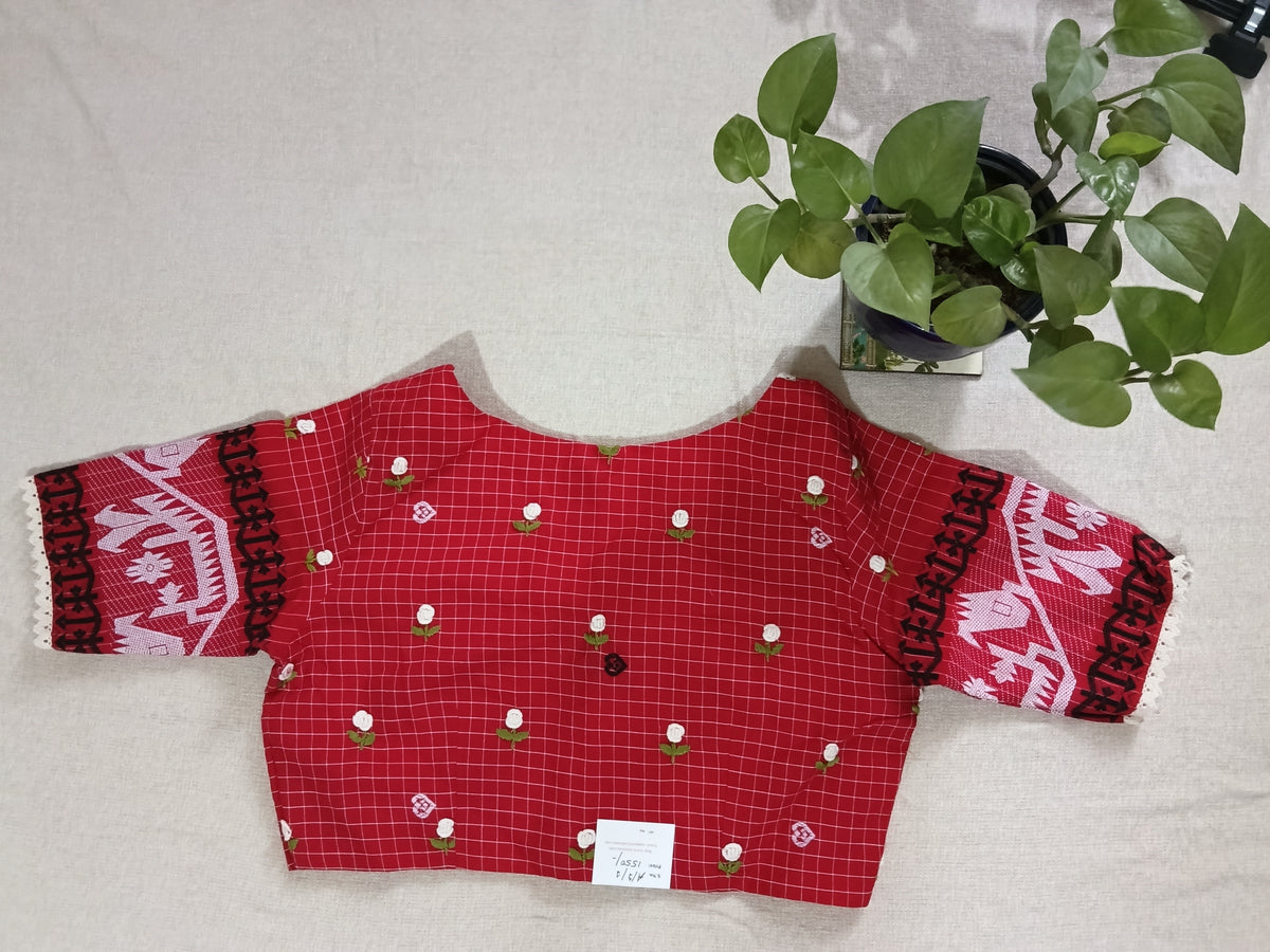 Red Jamdani Blouse with Sleeves & French Knot Embroidery