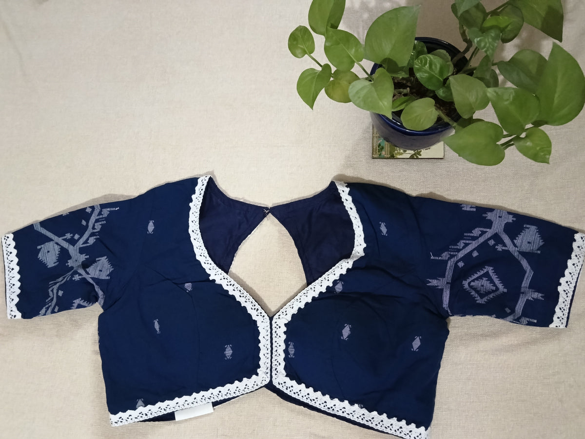 Navy Blue Cotton Jamdani Half-Sleeve Blouse