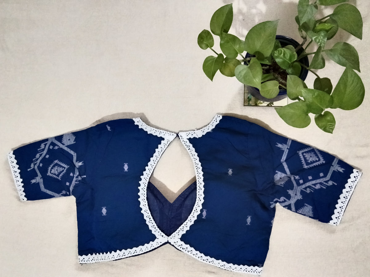 Navy Blue Cotton Jamdani Half-Sleeve Blouse