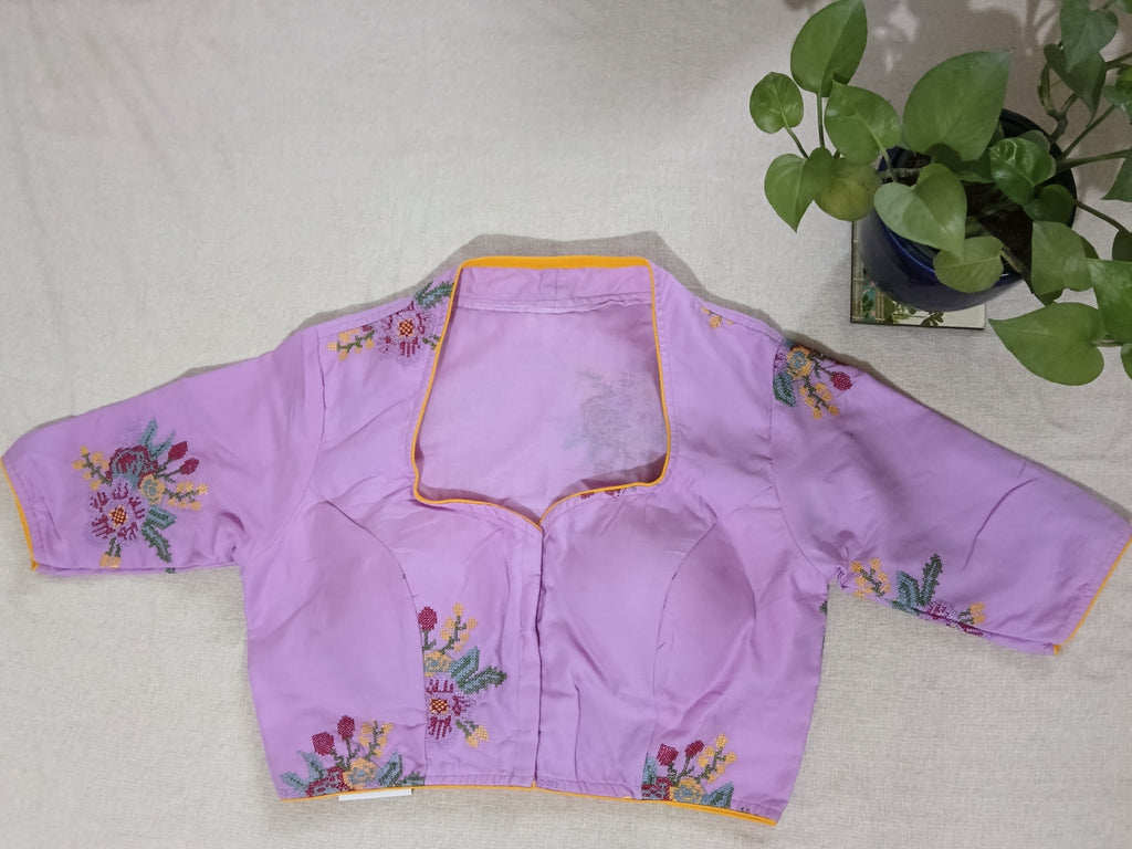 Lilac Cotton Cross-Stitch Embroidered Half-Sleeve Blouse
