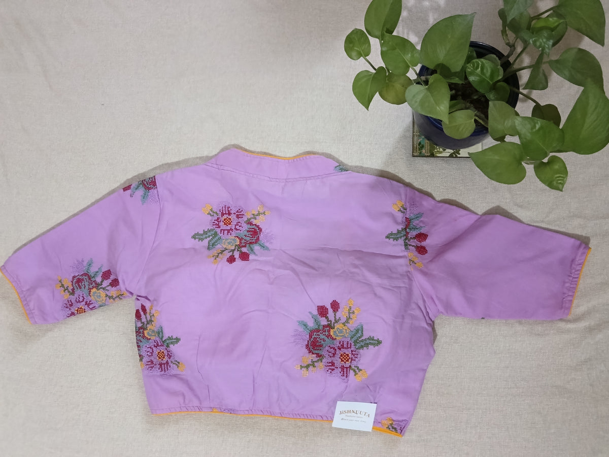 Lilac Cotton Cross-Stitch Embroidered Half-Sleeve Blouse