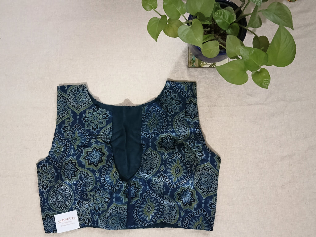 Deep Blue Modal Silk Ajrakh-Print Padded Sleeveless Blouse