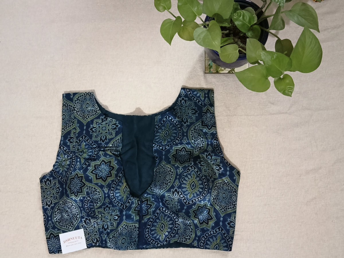 Deep Blue Modal Silk Ajrakh-Print Padded Sleeveless Blouse