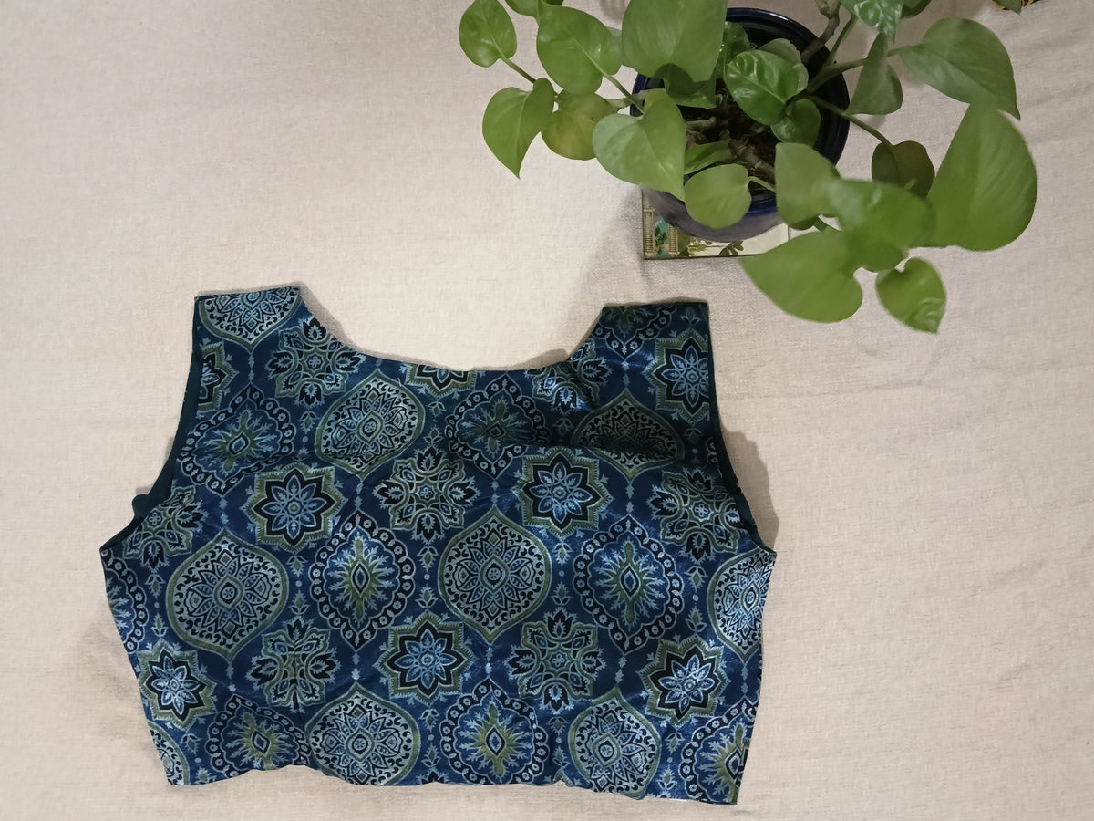 Deep Blue Modal Silk Ajrakh-Print Padded Sleeveless Blouse
