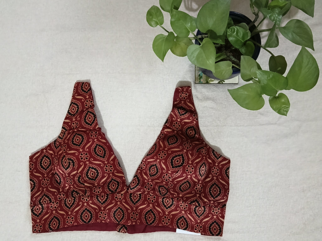 Modal Silk Ajrakh Maroon Sleeveless Padded Blouse