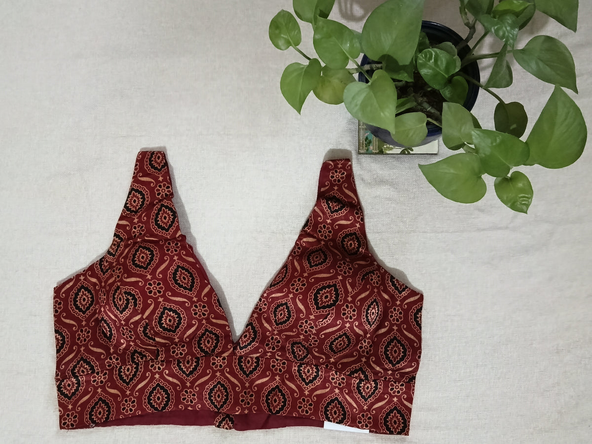 Modal Silk Ajrakh Maroon Sleeveless Padded Blouse