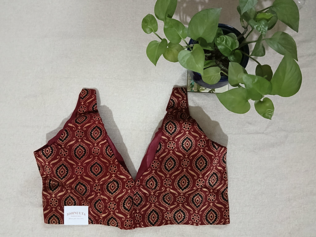 Modal Silk Ajrakh Maroon Sleeveless Padded Blouse