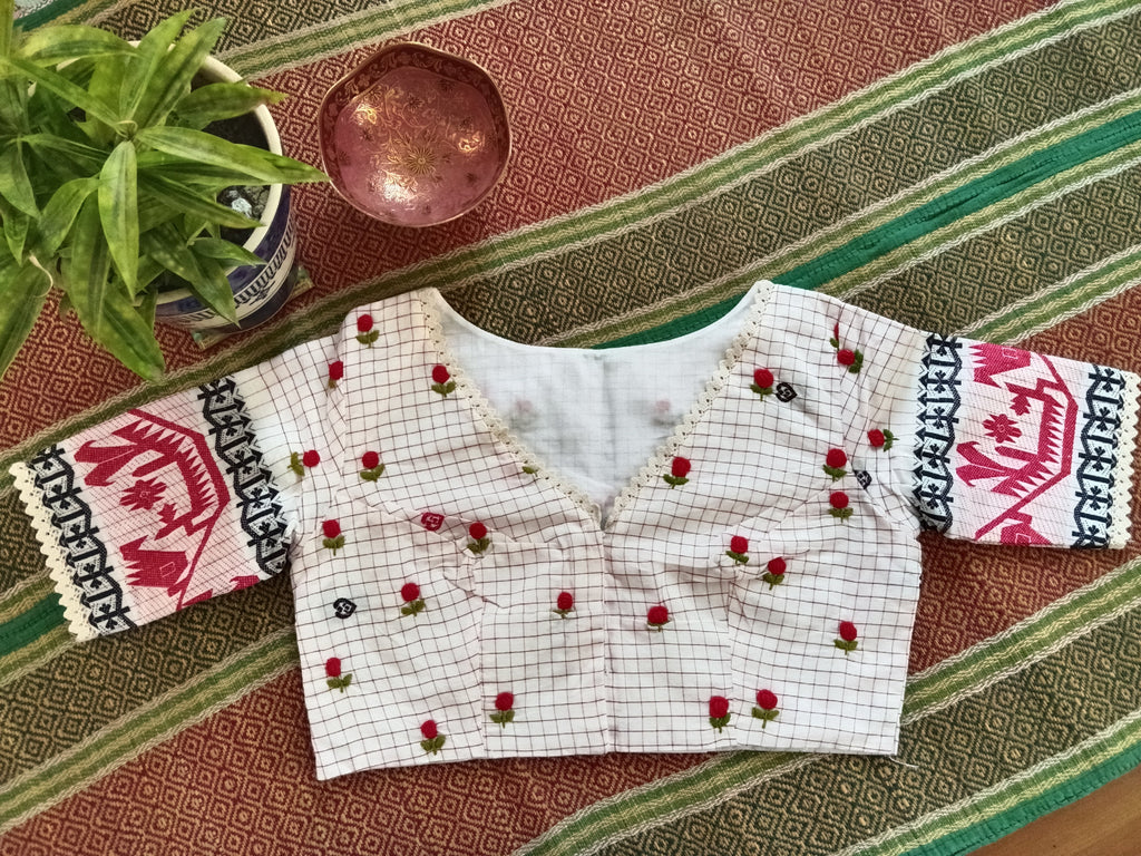 White Jamdani Blouse with Sleeves & French Knot Embroidery
