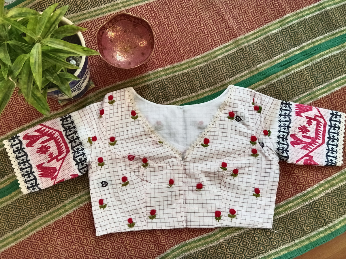 White Jamdani Blouse with Sleeves & French Knot Embroidery