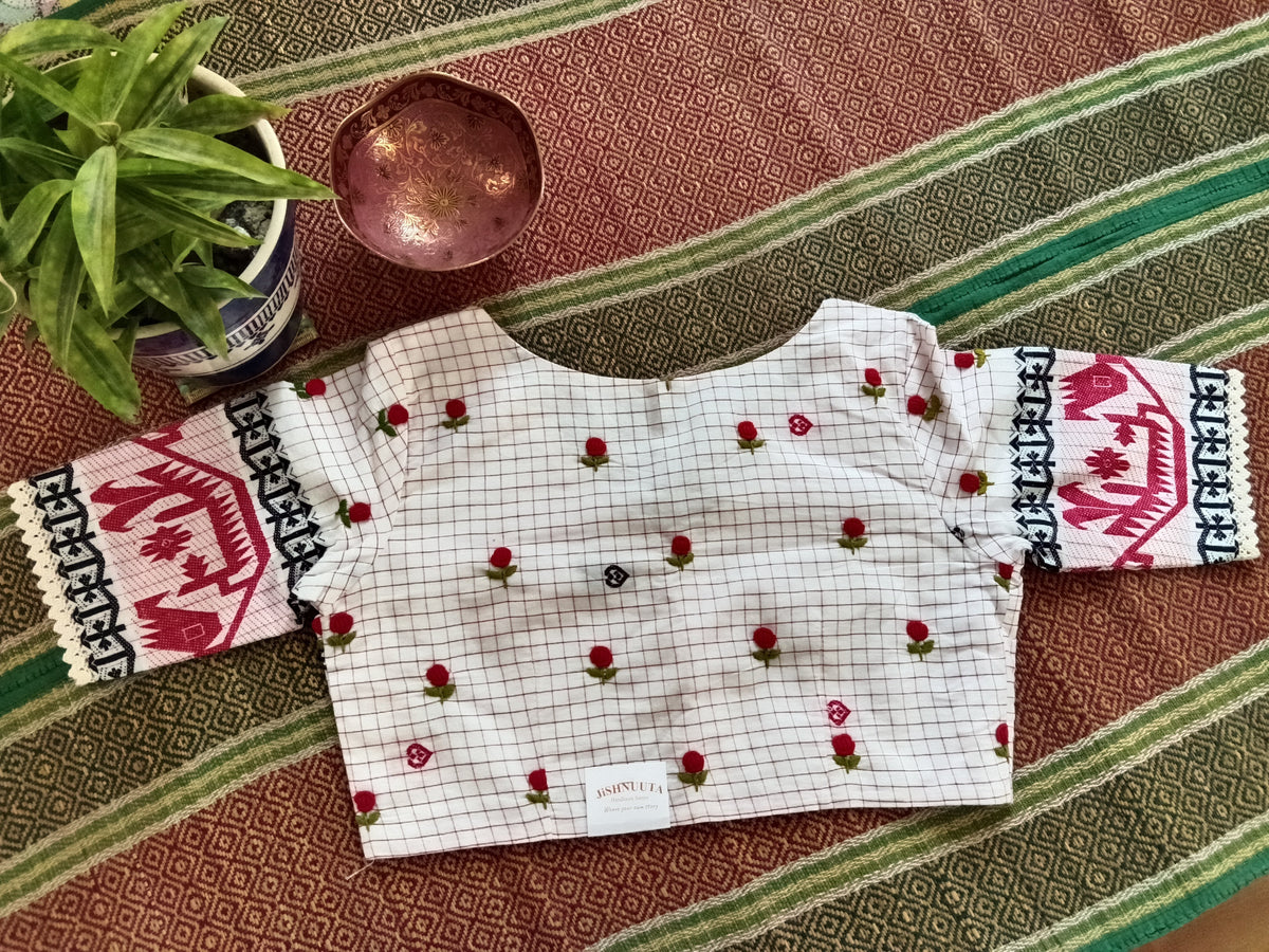 White Jamdani Blouse with Sleeves & French Knot Embroidery