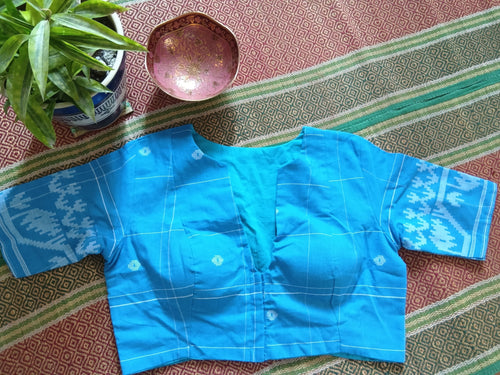 Blue Cotton Jamdani Padded Half-Sleeve Blouse