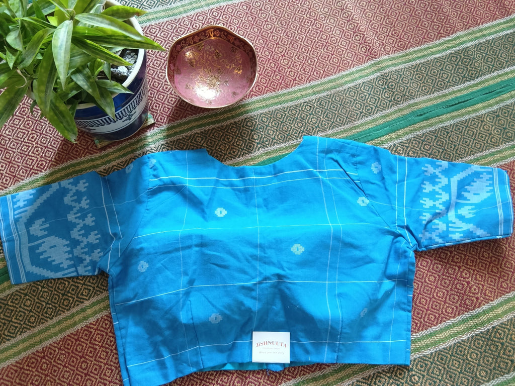 Blue Cotton Jamdani Padded Half-Sleeve Blouse