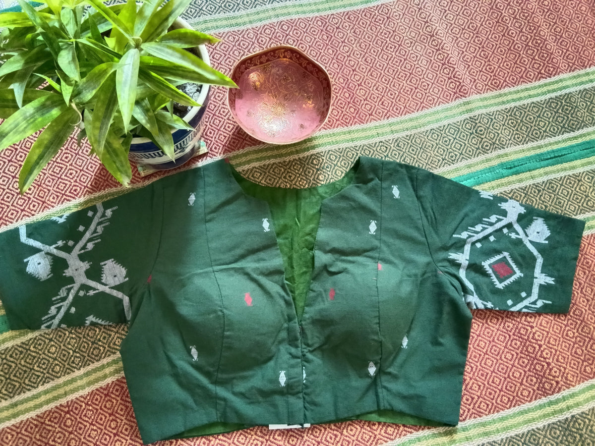 Dark Green Cotton Jamdani Padded Blouse