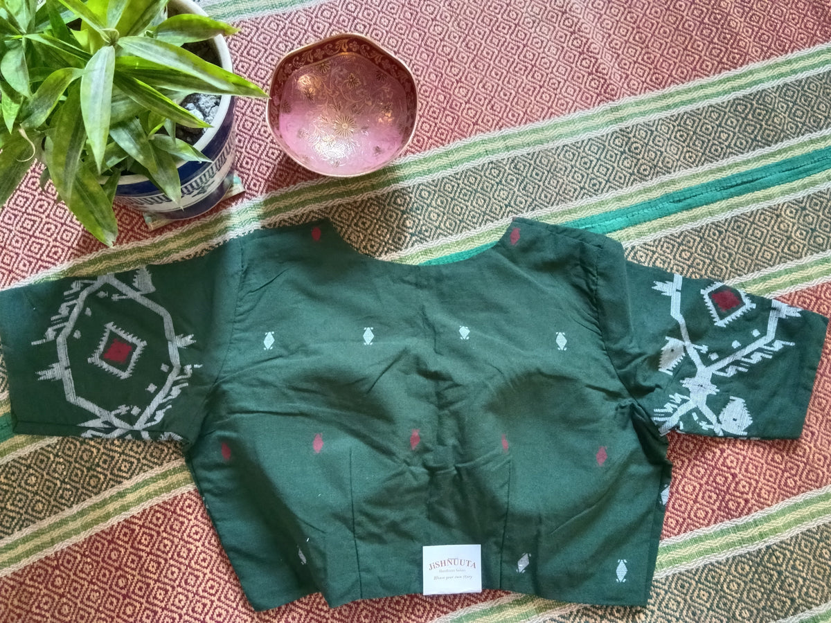 Dark Green Cotton Jamdani Padded Blouse