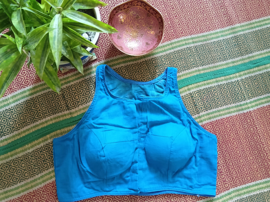 Blue Cotton Jamdani Razor-Cut Blouse with Hand Embroidery