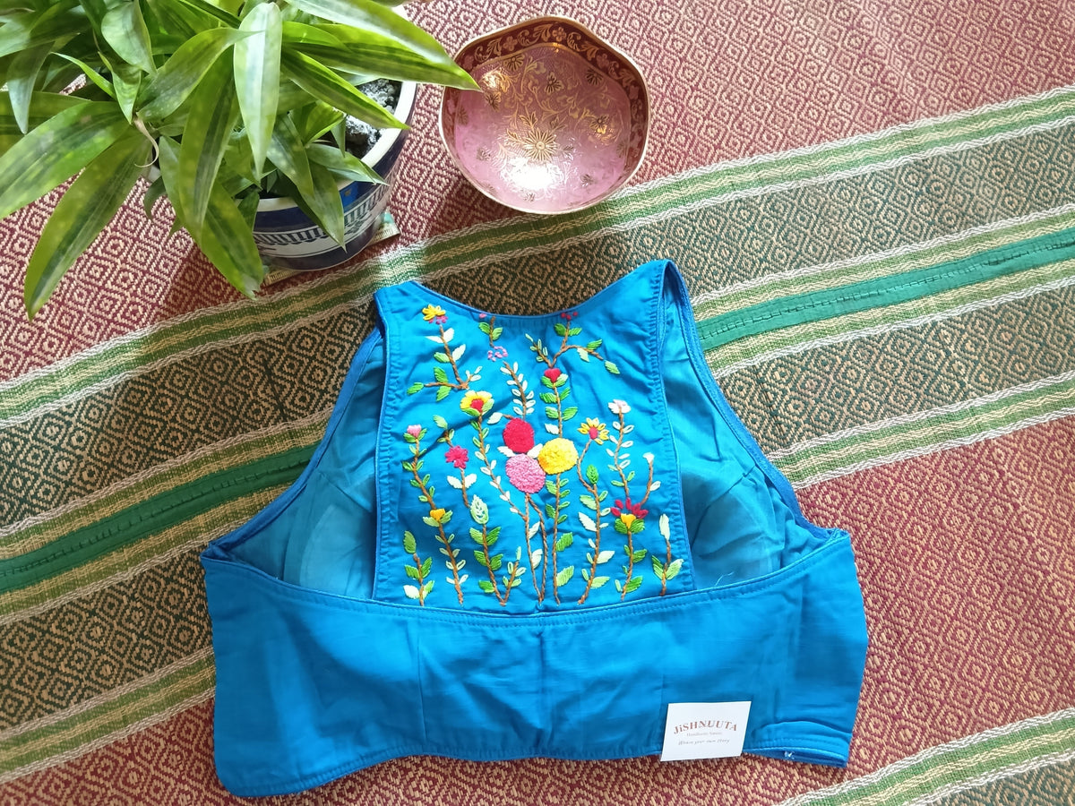 Blue Cotton Jamdani Razor-Cut Blouse with Hand Embroidery