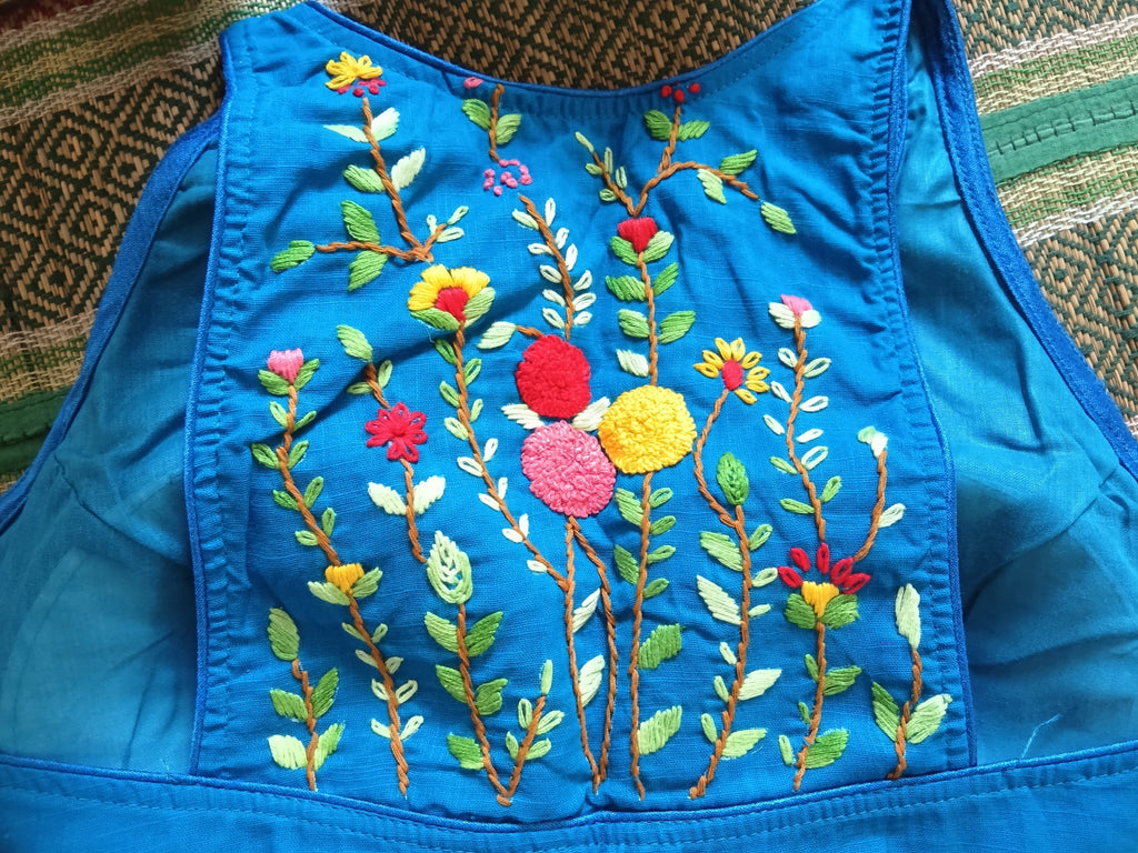 Blue Cotton Jamdani Razor-Cut Blouse with Hand Embroidery