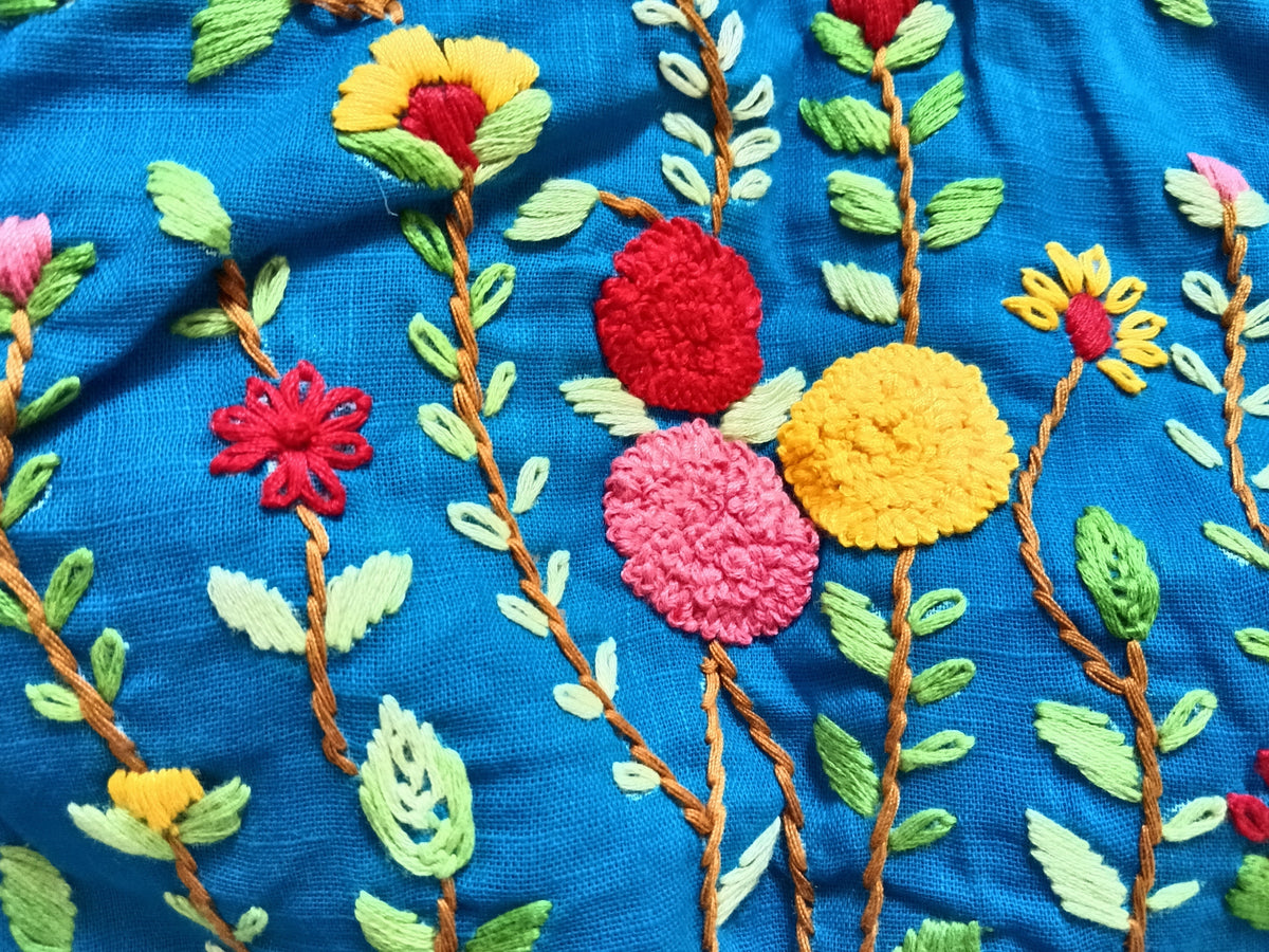 Blue Cotton Jamdani Razor-Cut Blouse with Hand Embroidery