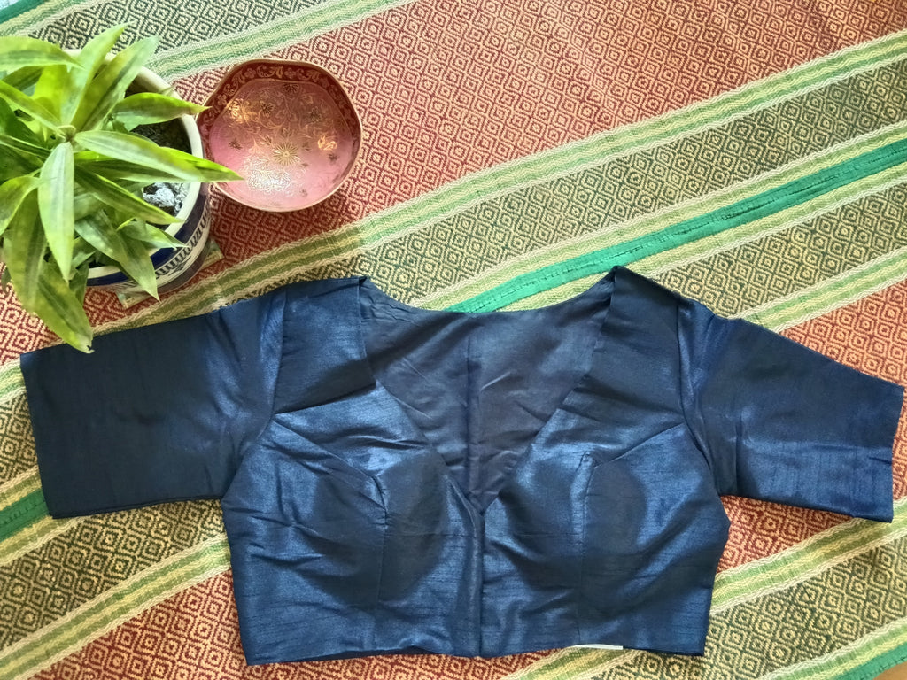 Navy Blue Raw Silk V-Neck Blouse