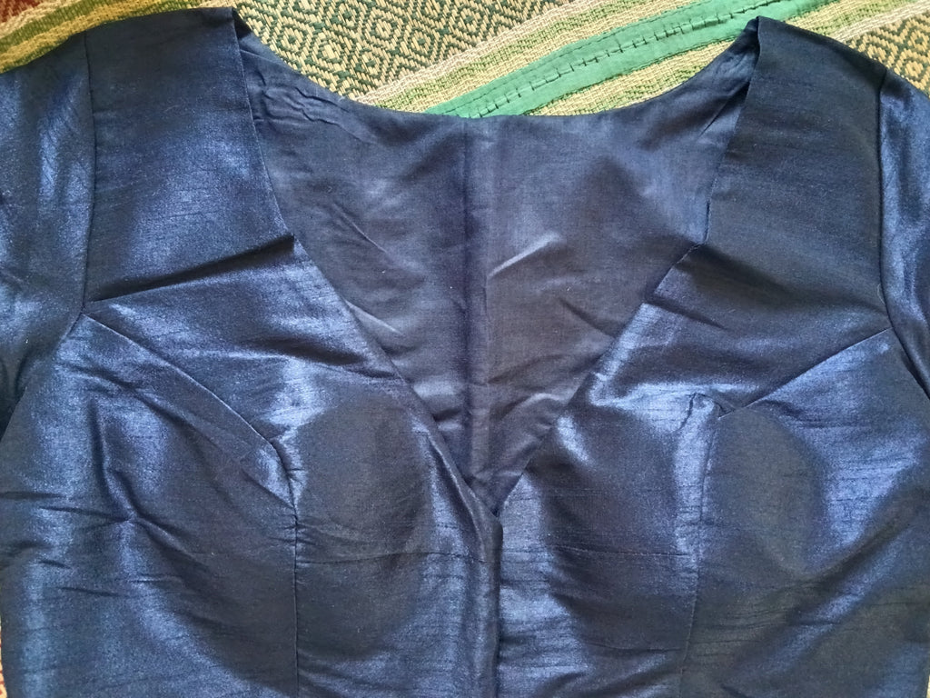 Navy Blue Raw Silk V-Neck Blouse