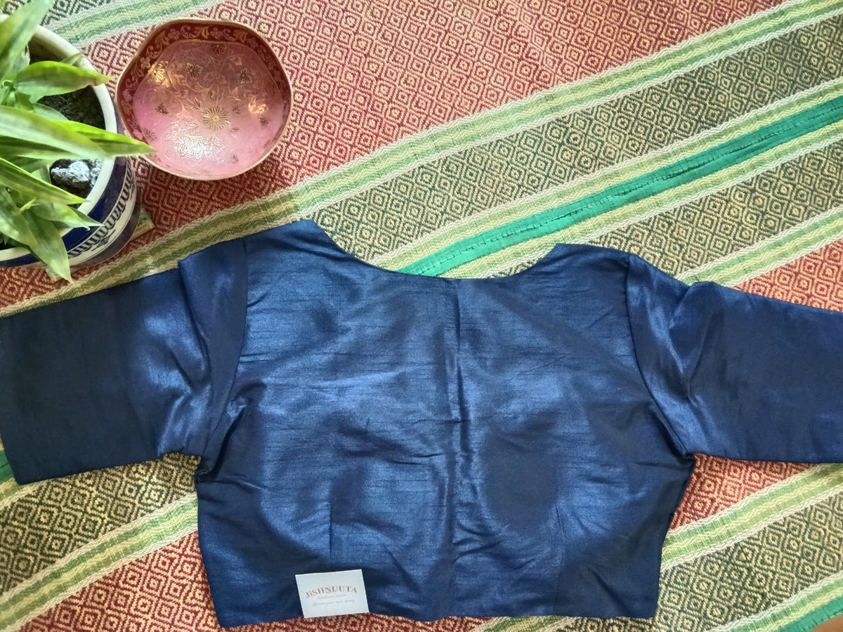 Navy Blue Raw Silk V-Neck Blouse