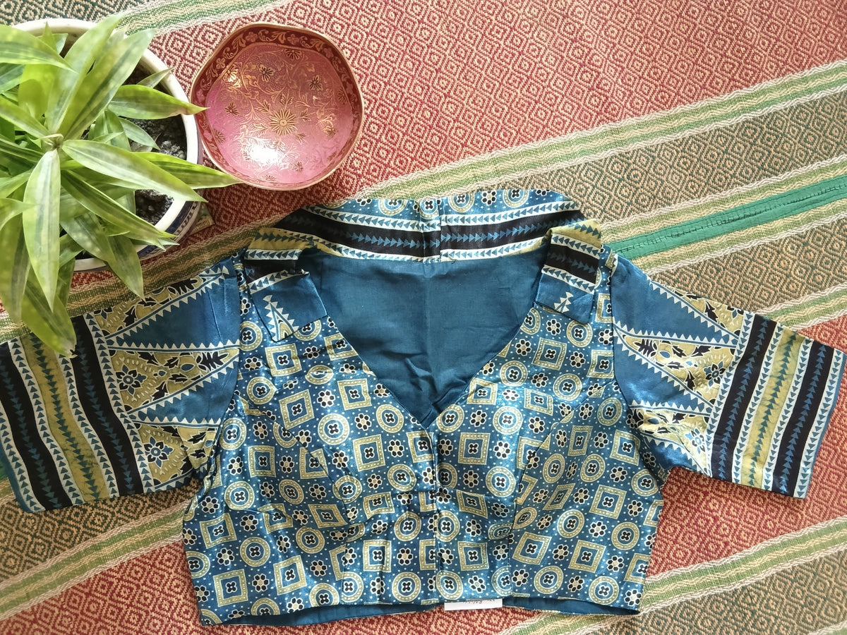 Blue Printed Modal Silk Shirt Collar Blouse with Sleeves