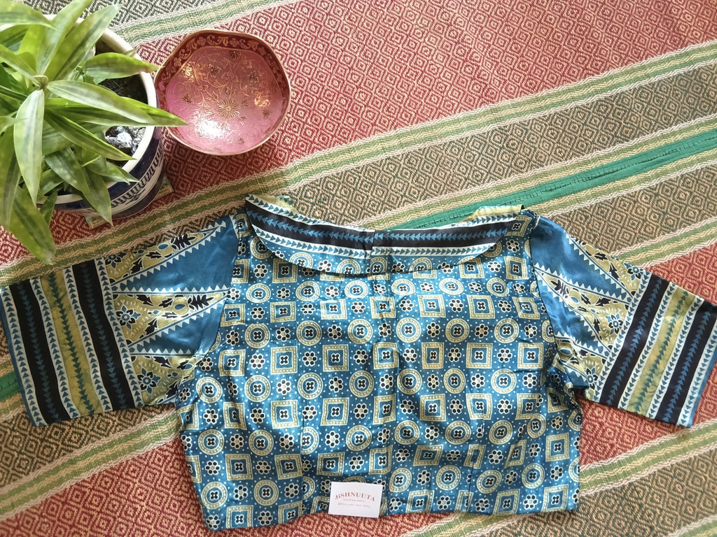 Blue Printed Modal Silk Shirt Collar Blouse with Sleeves