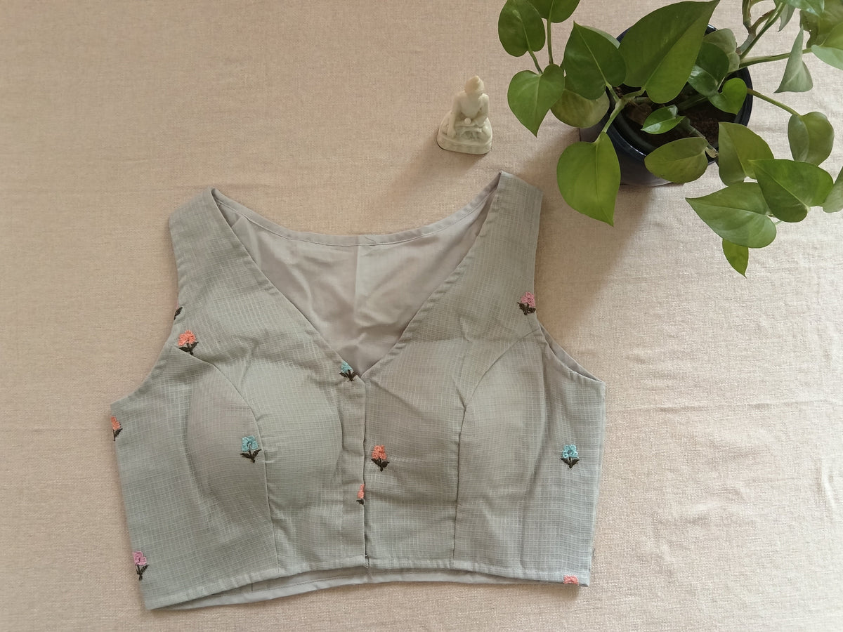 Pastel Grey Cotton Hand-Embroidered Sleeveless Blouse