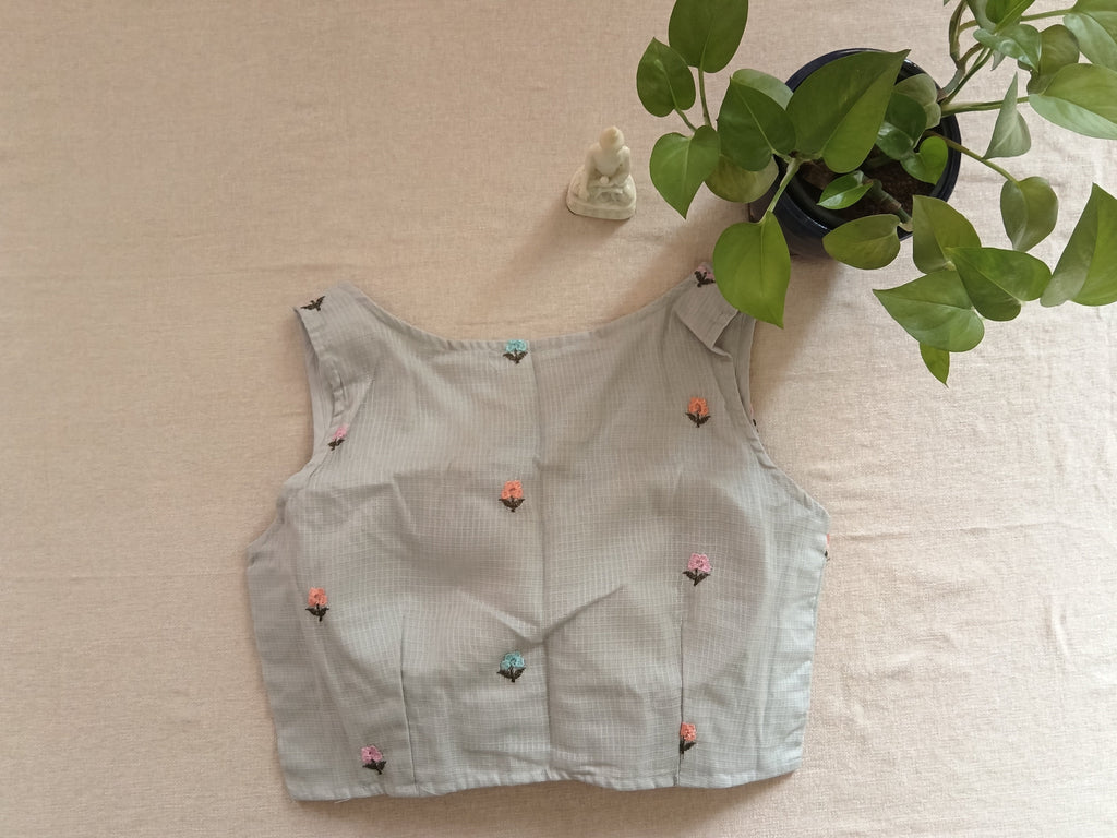 Pastel Grey Cotton Hand-Embroidered Sleeveless Blouse