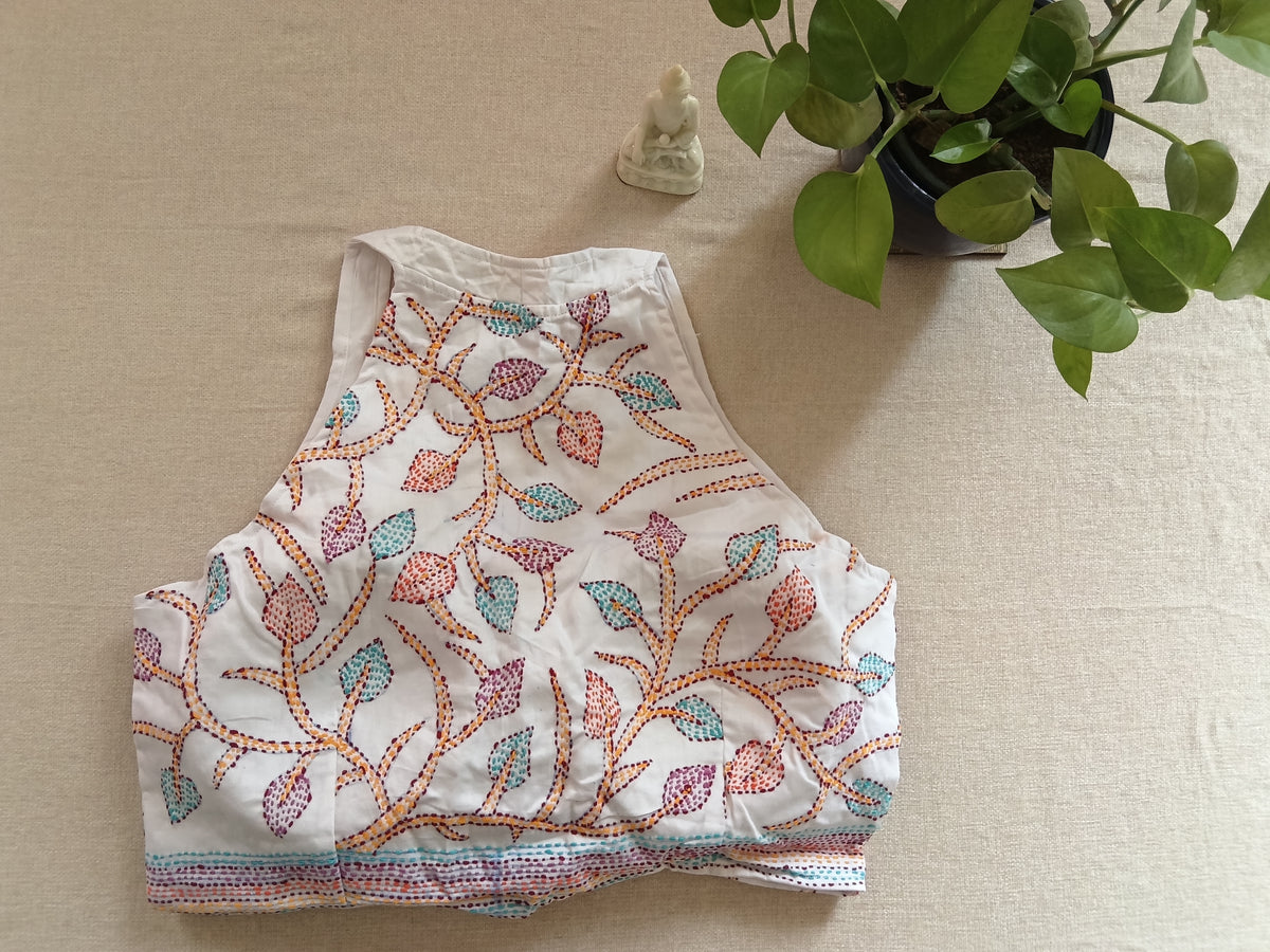 White Kantha Stitch Padded Sleeveless Blouse