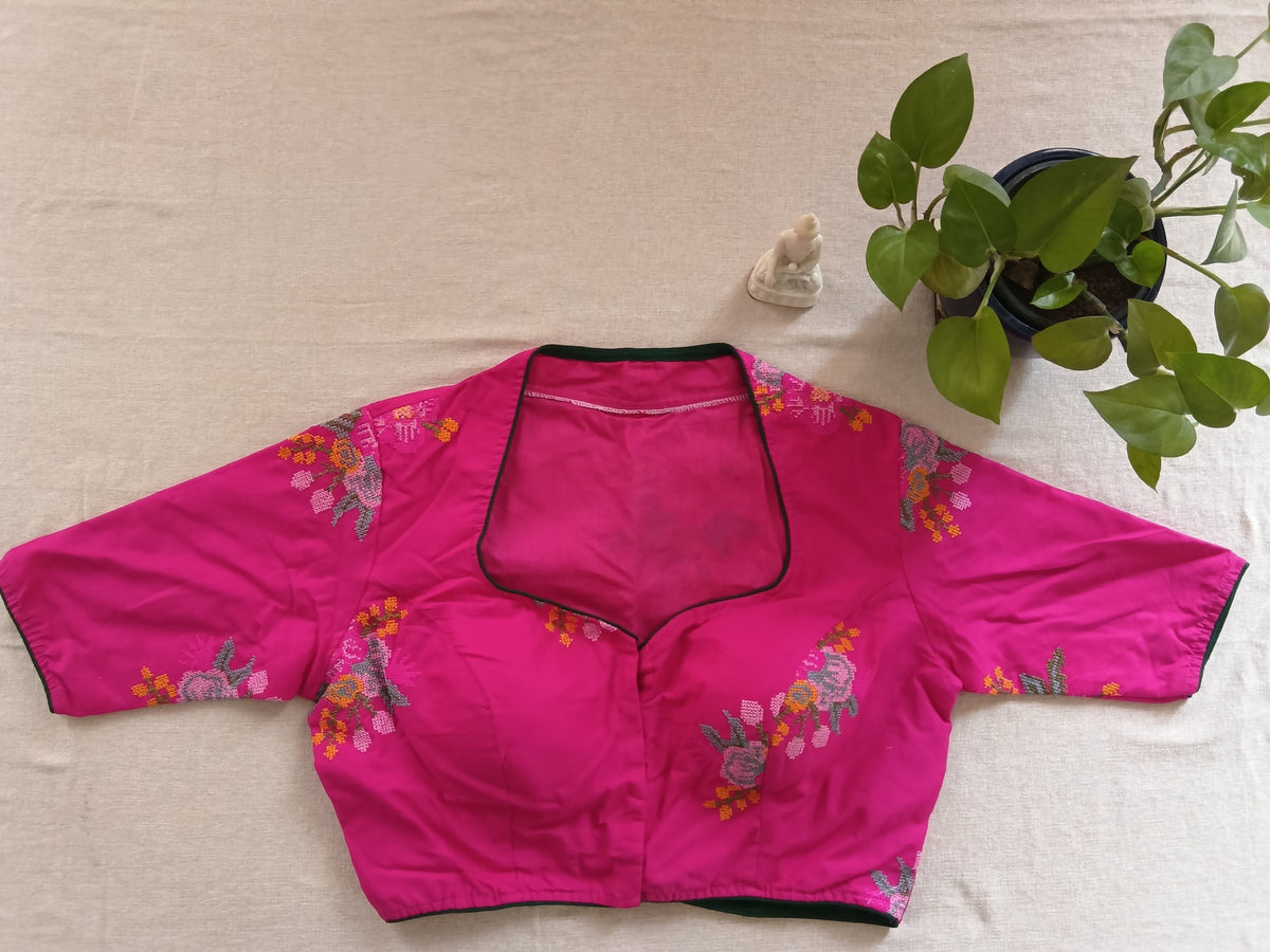 Pink Cotton Cross-Stitch Embroidered Blouse with Sleeves
