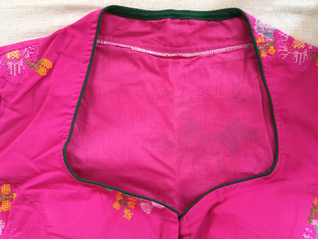 Pink Cotton Cross-Stitch Embroidered Blouse with Sleeves