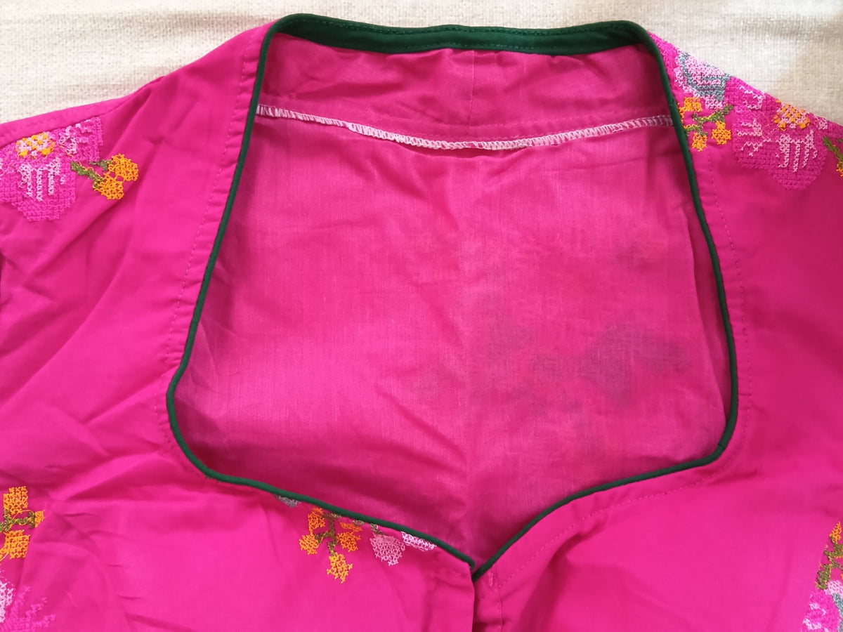 Pink Cotton Cross-Stitch Embroidered Blouse with Sleeves