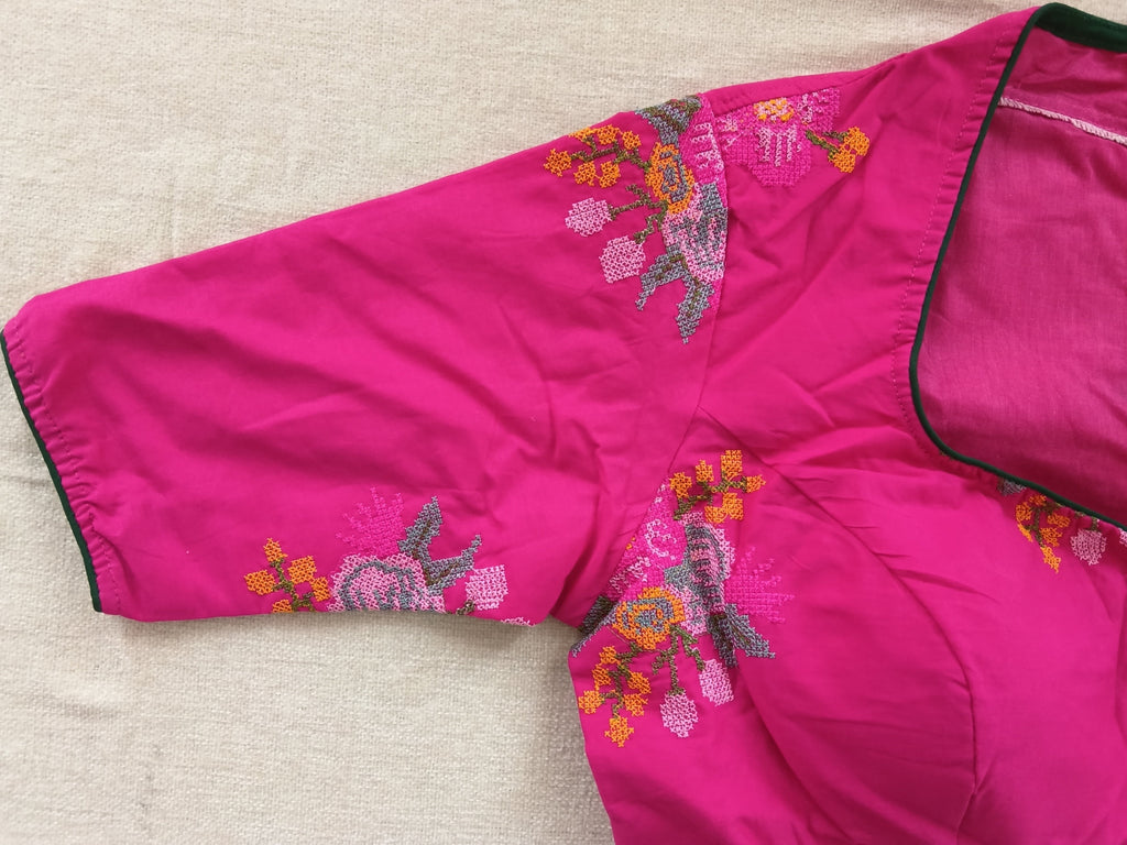 Pink Cotton Cross-Stitch Embroidered Blouse with Sleeves