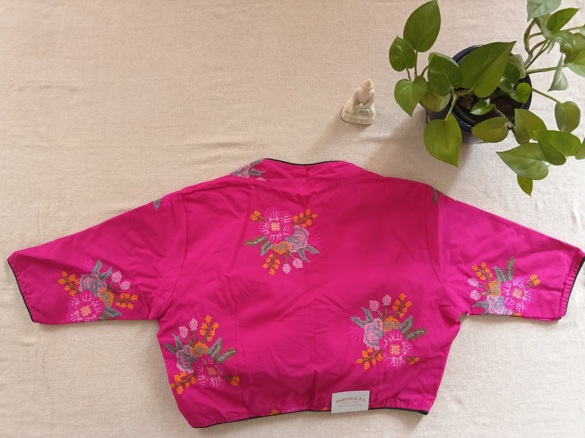 Pink Cotton Cross-Stitch Embroidered Blouse with Sleeves