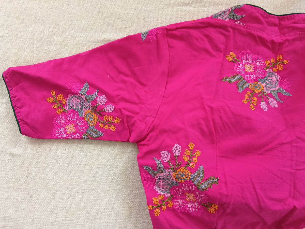 Pink Cotton Cross-Stitch Embroidered Blouse with Sleeves