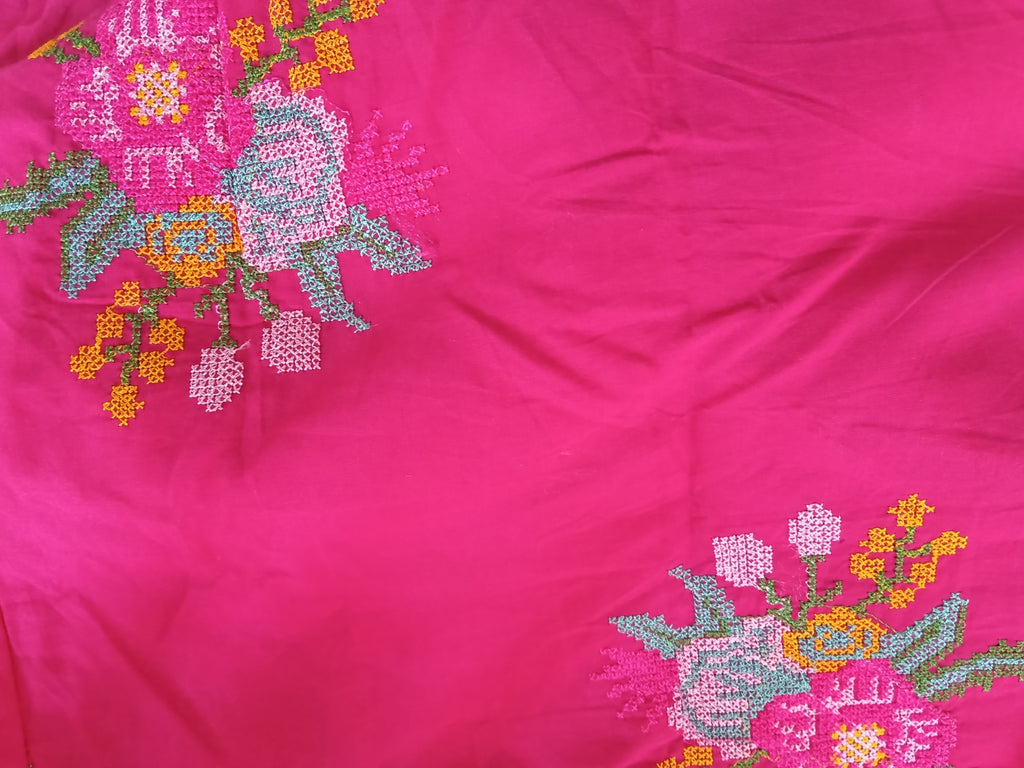 Pink Cotton Cross-Stitch Embroidered Blouse with Sleeves