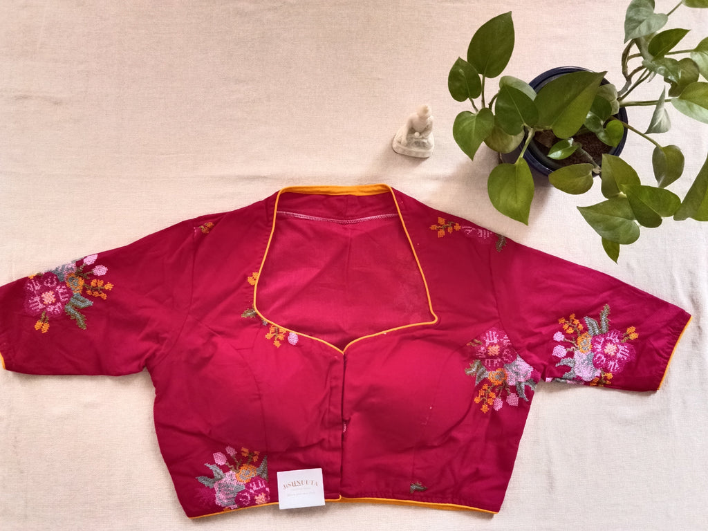 Red Cotton Cross-Stitch Embroidered Elbow-Sleeve Blouse