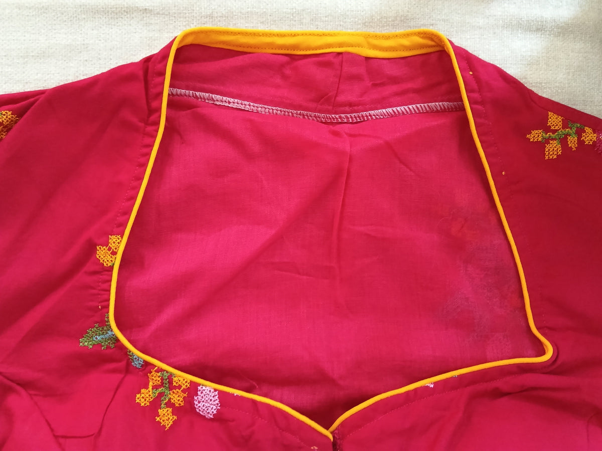 Red Cotton Cross-Stitch Embroidered Elbow-Sleeve Blouse
