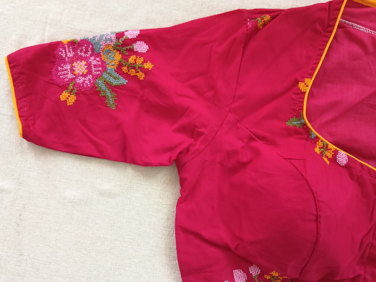Red Cotton Cross-Stitch Embroidered Elbow-Sleeve Blouse